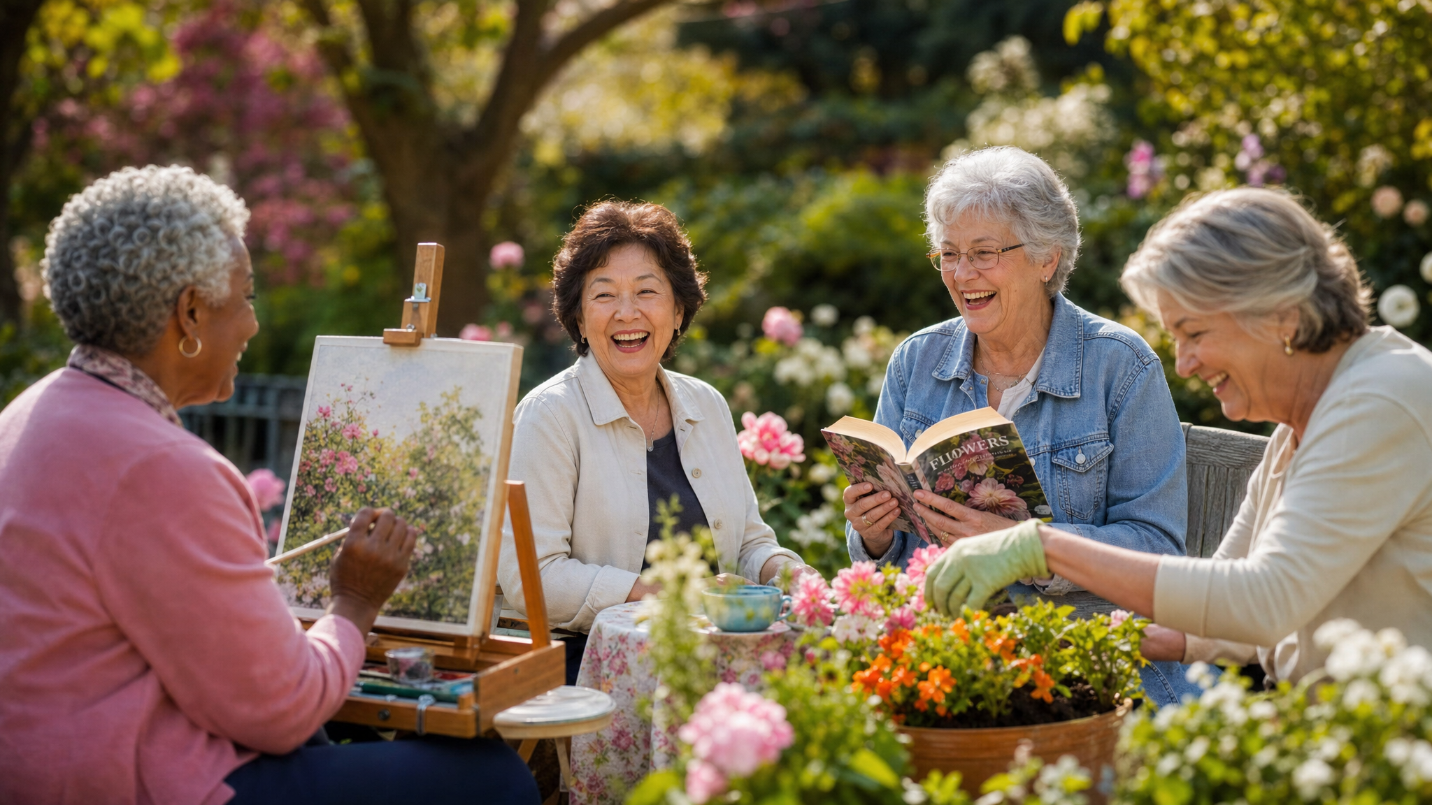 Retired women enjoying various activities together